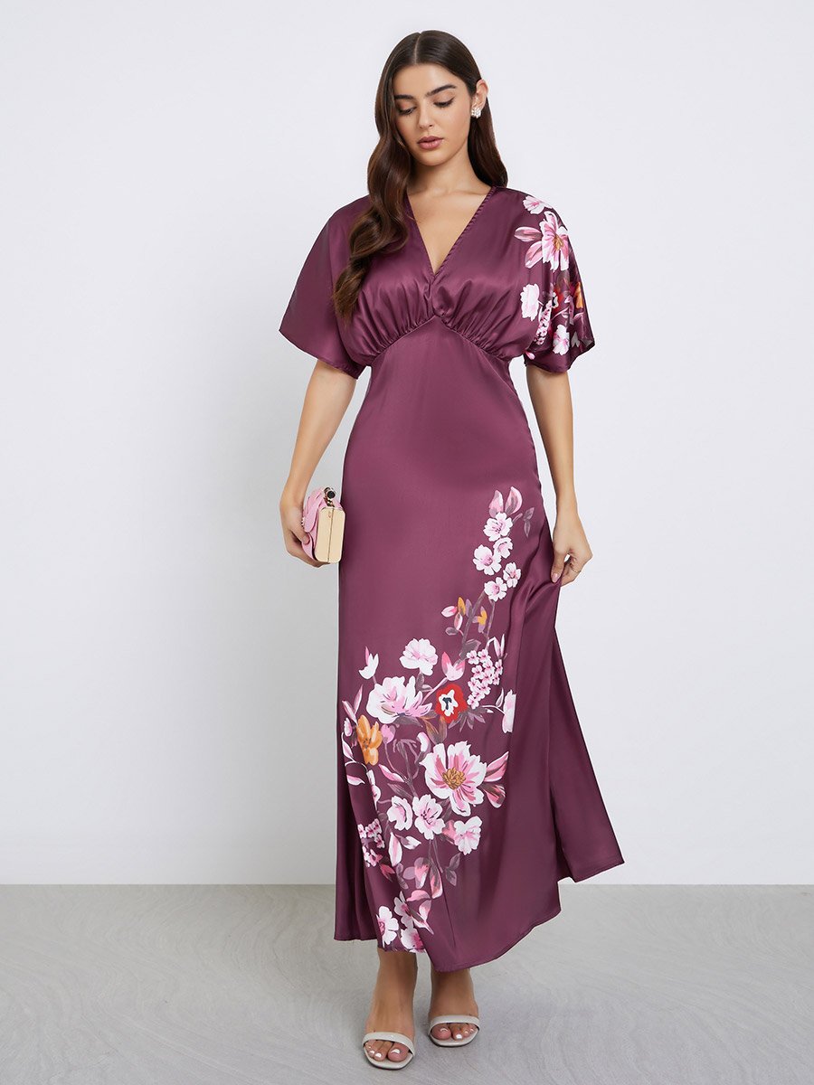 Burgundy Floral Print Maxi Dress