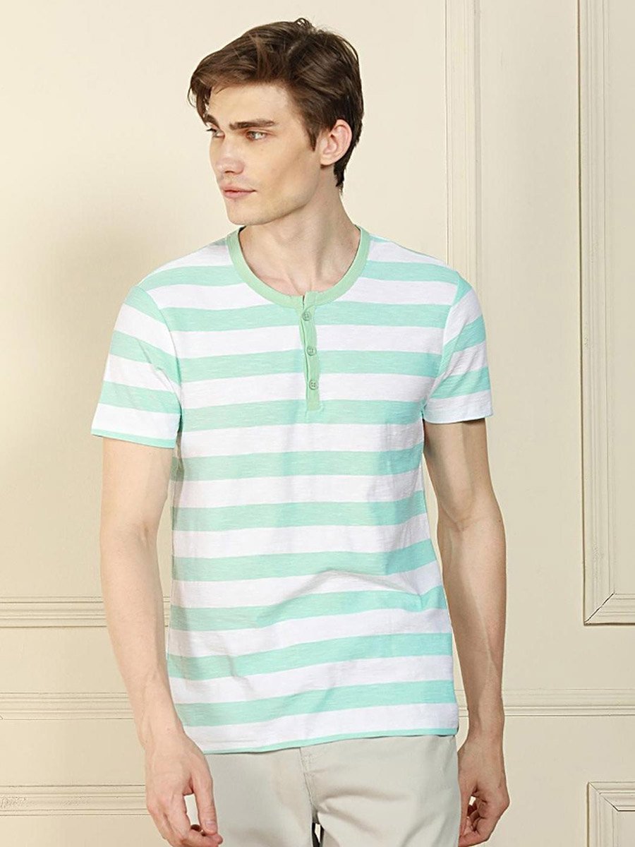 Men Green Striped Henley Neck T-Shirt