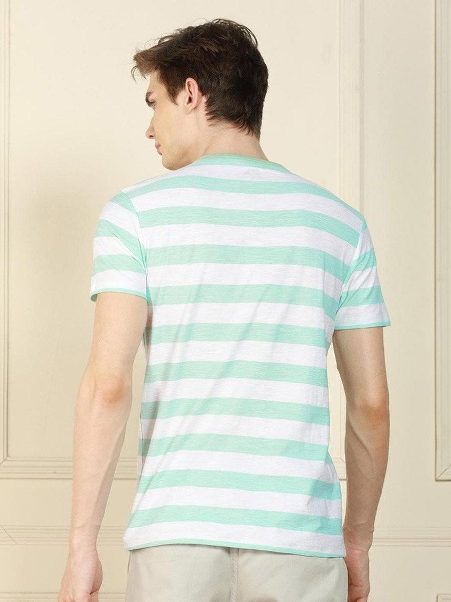 Men Green Striped Henley Neck T-Shirt