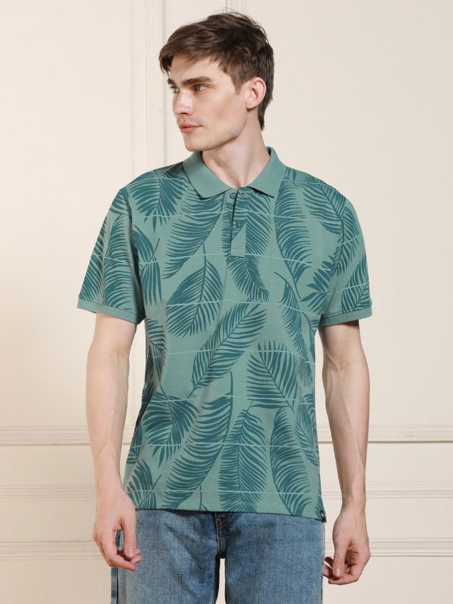 Men Green Leaf Print Cotton Polo