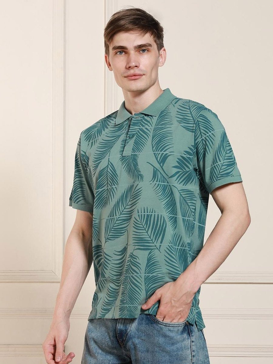 Men Green Leaf Print Cotton Polo
