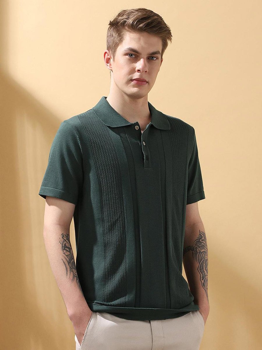 Men Green Relaxed Fit Flat Knit Polo
