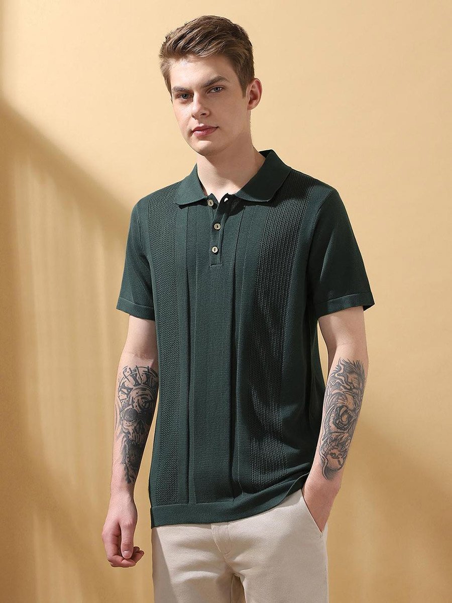 Men Green Relaxed Fit Flat Knit Polo