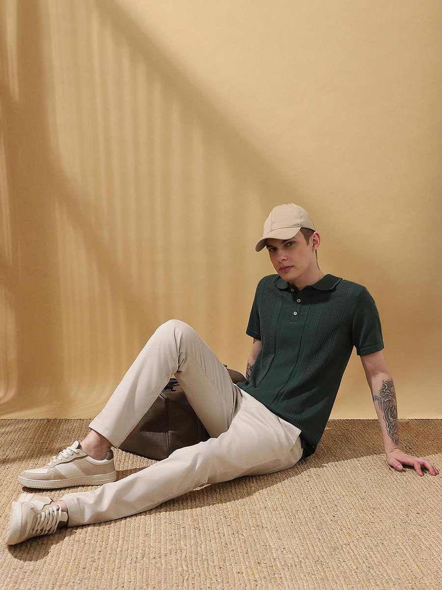 Men Green Relaxed Fit Flat Knit Polo