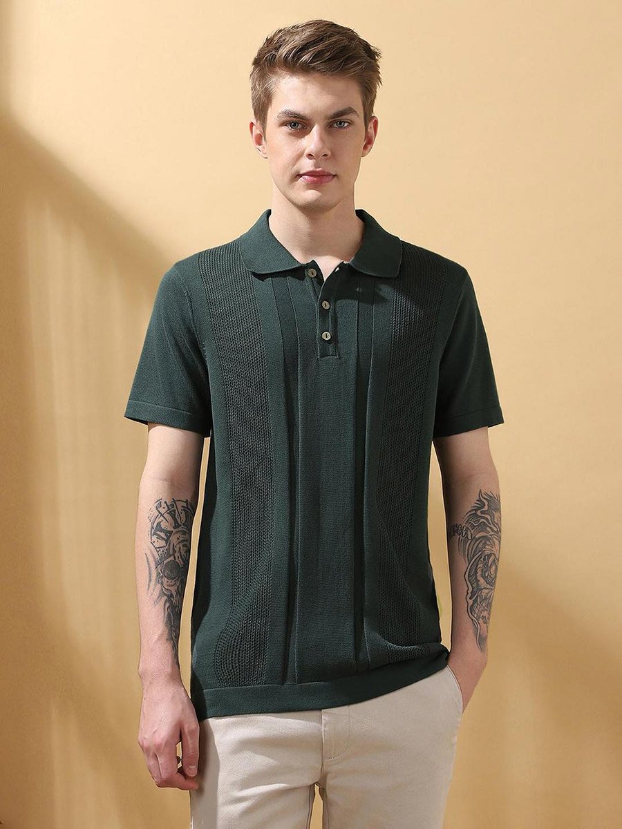 Men Green Relaxed Fit Flat Knit Polo