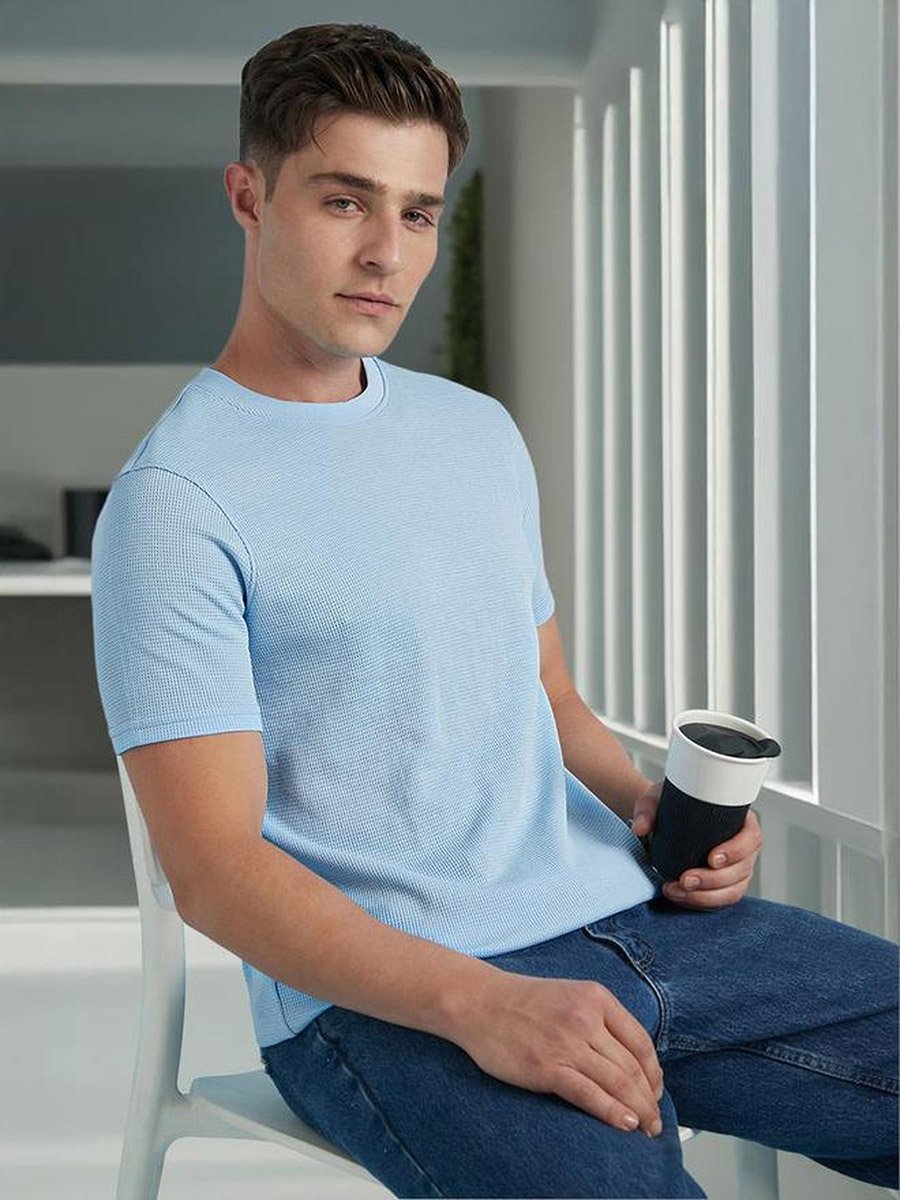 Men Blue Waffle Knit Regular Fit T-Shirt