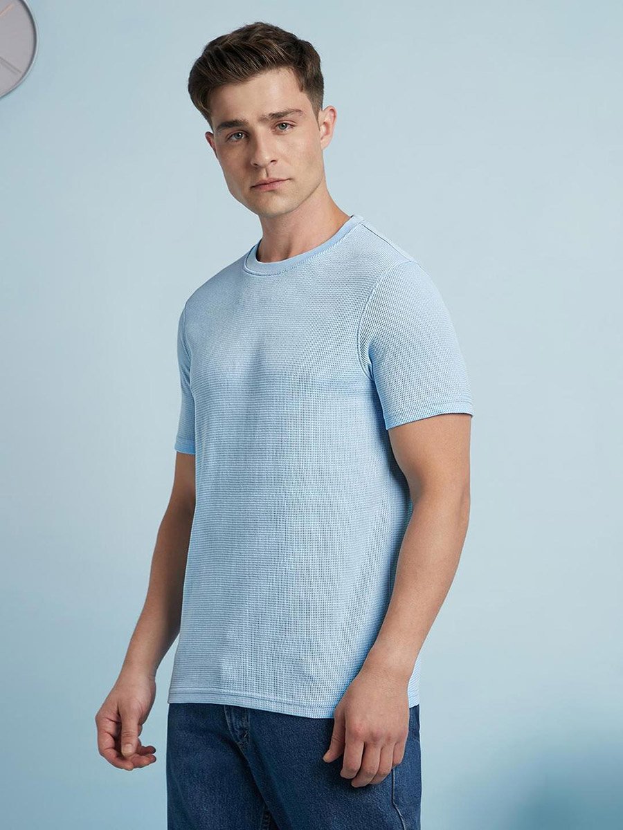 Men Blue Waffle Knit Regular Fit T-Shirt
