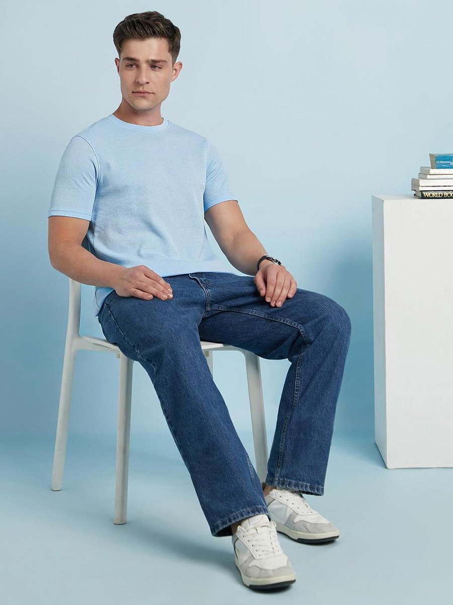 Men Blue Waffle Knit Regular Fit T-Shirt