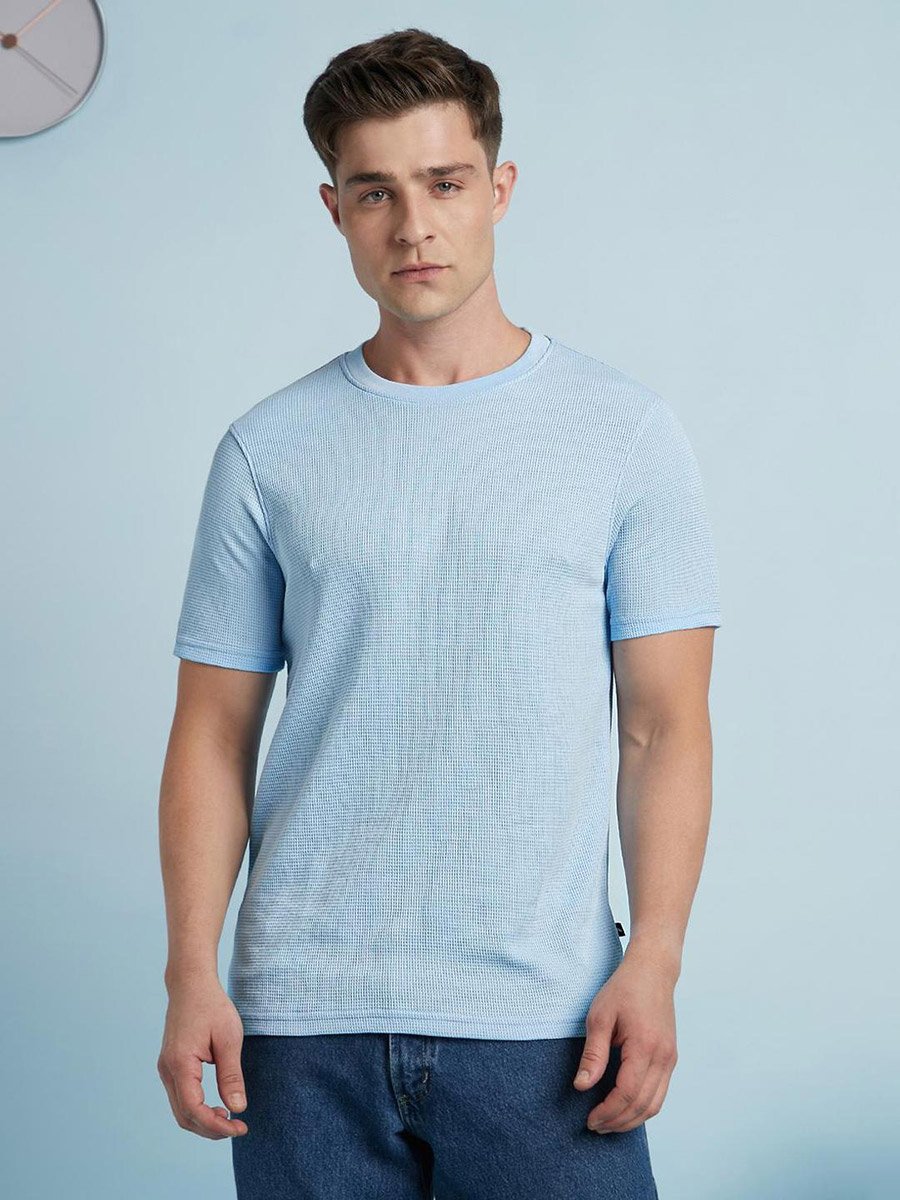 Men Blue Waffle Knit Regular Fit T-Shirt