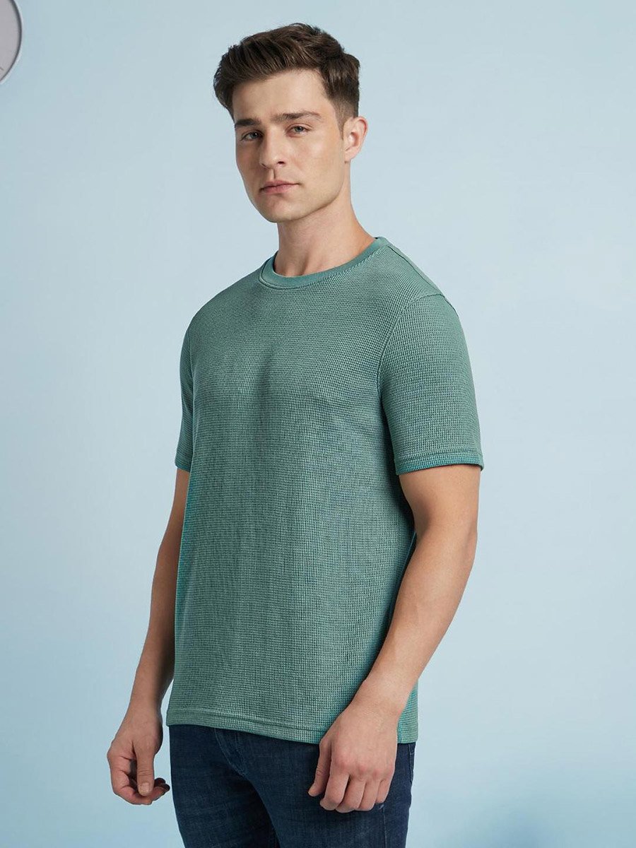 Men Green Waffle Knit Regular Fit T-Shirt