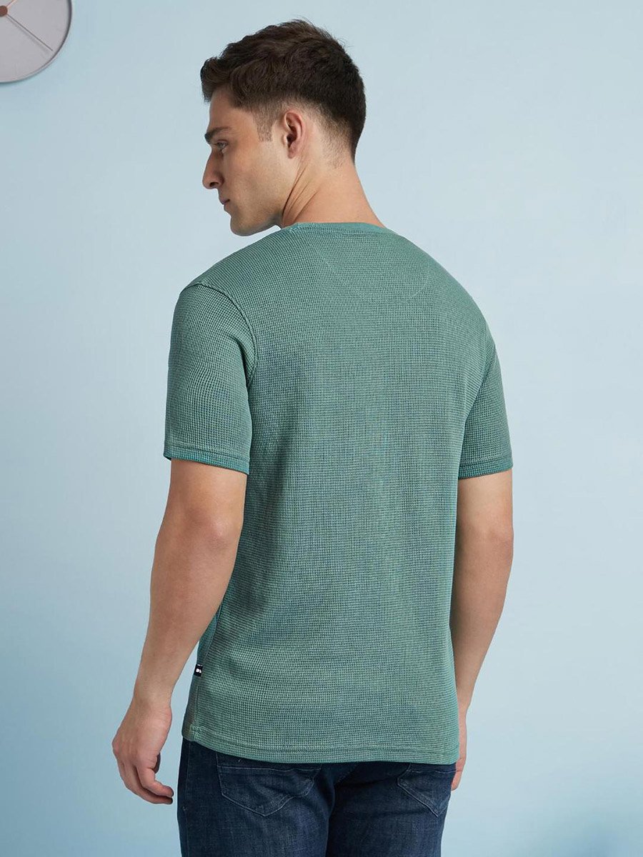 Men Green Waffle Knit Regular Fit T-Shirt