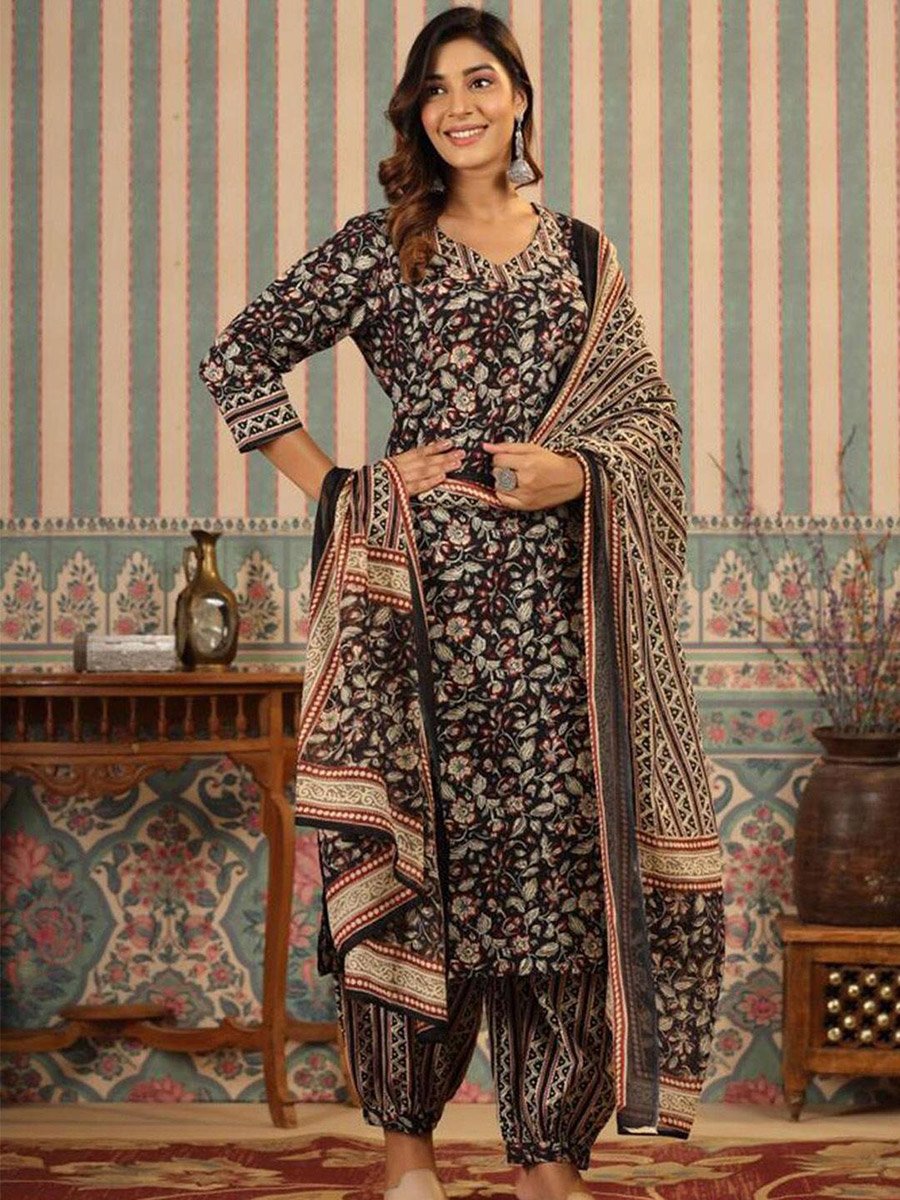 Black Floral Print Kurta, Pants and Printed Dupatta Set