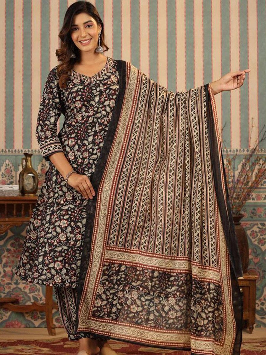 Black Floral Print Kurta, Pants and Printed Dupatta Set