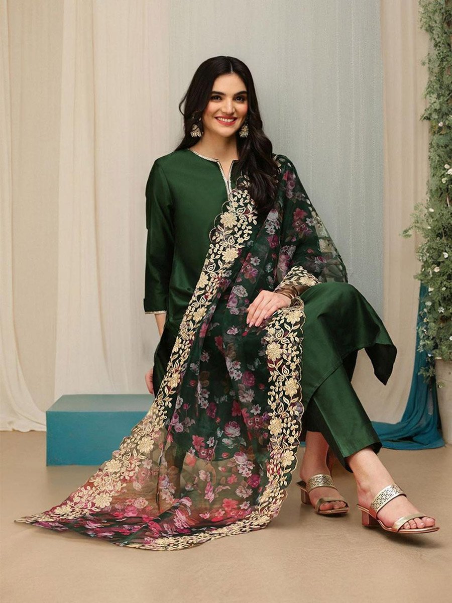 Women Dark Green Kurta with Trousers and Dupatta Set