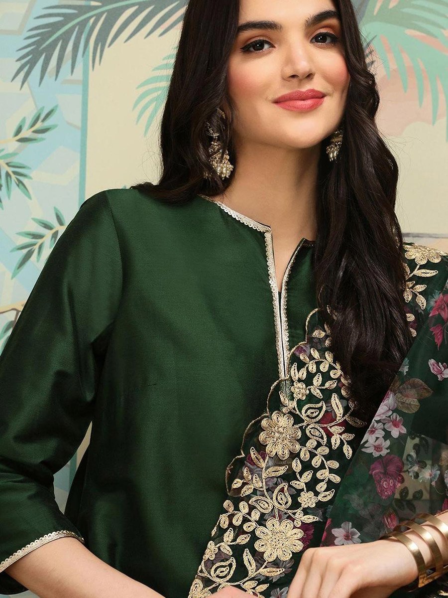 Women Dark Green Kurta with Trousers and Dupatta Set