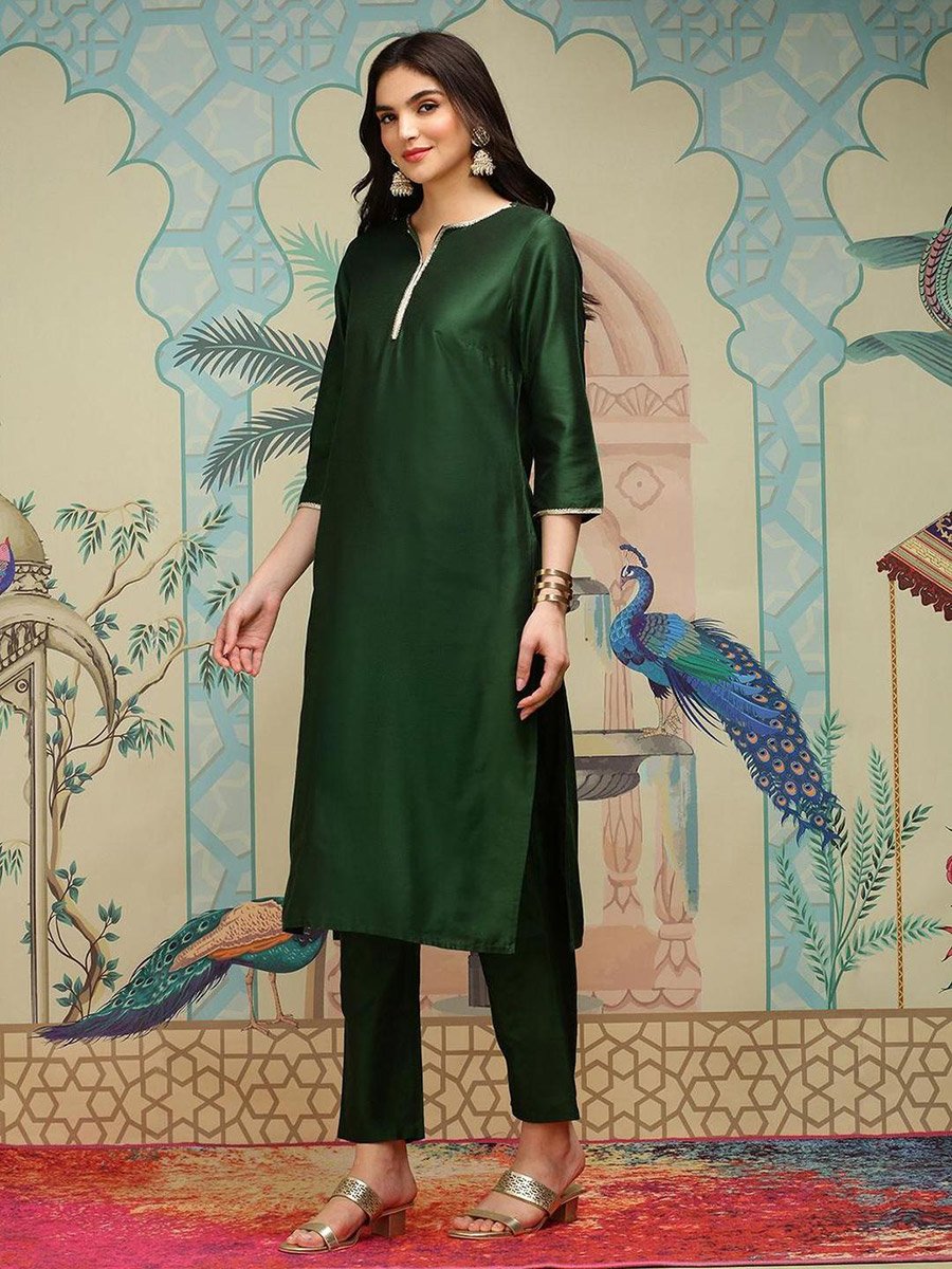Women Dark Green Kurta with Trousers and Dupatta Set
