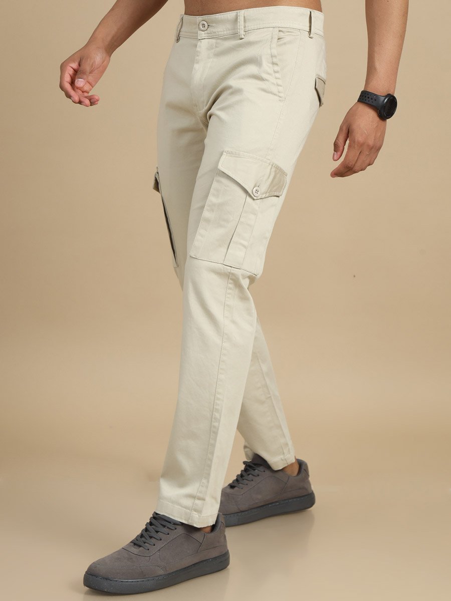 Men Cream Smart Slim Fit Cargo Pants