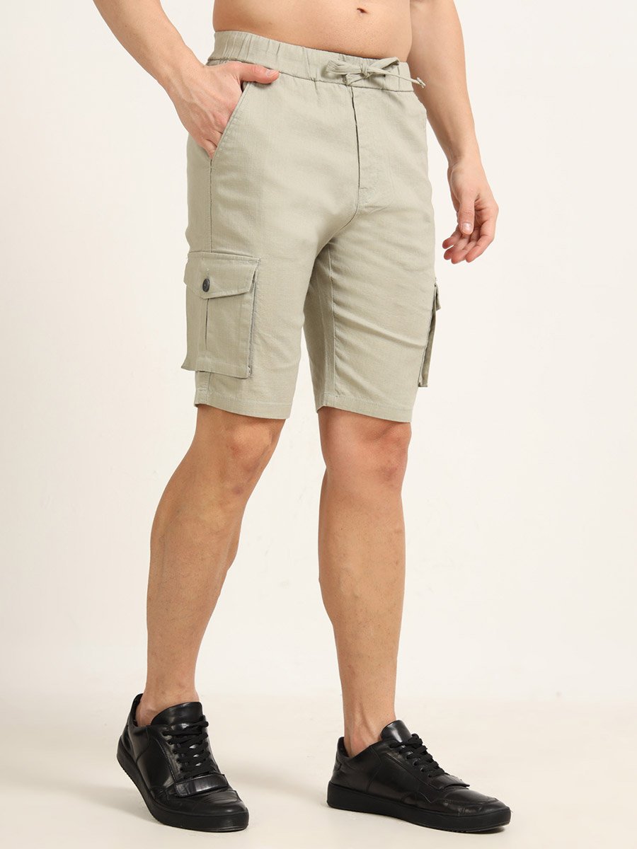 Men Green Cargo Linen Shorts