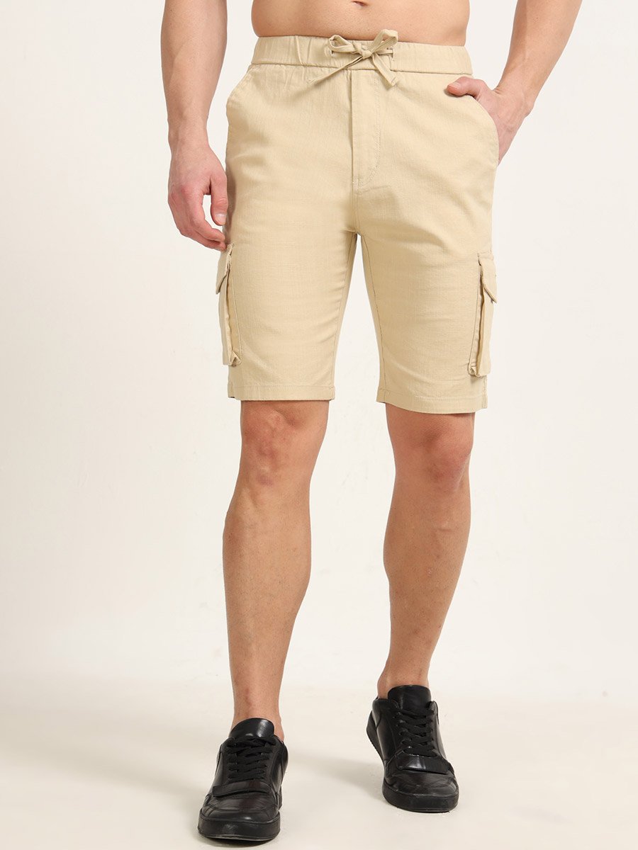 Men Beige Cargo Linen Shorts