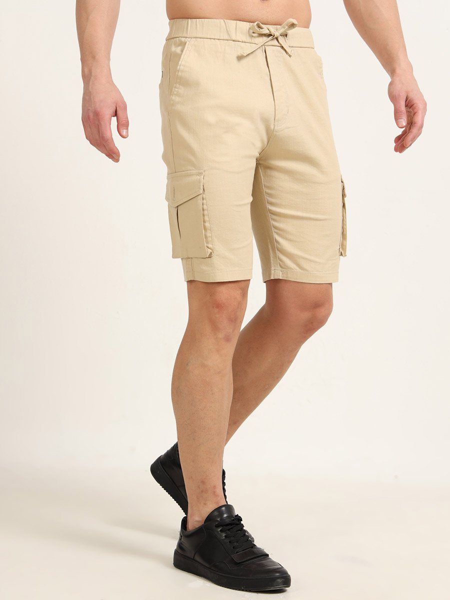 Men Beige Cargo Linen Shorts