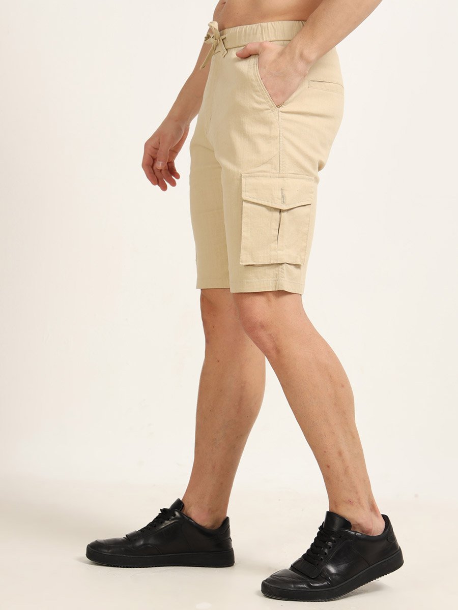 Men Beige Cargo Linen Shorts