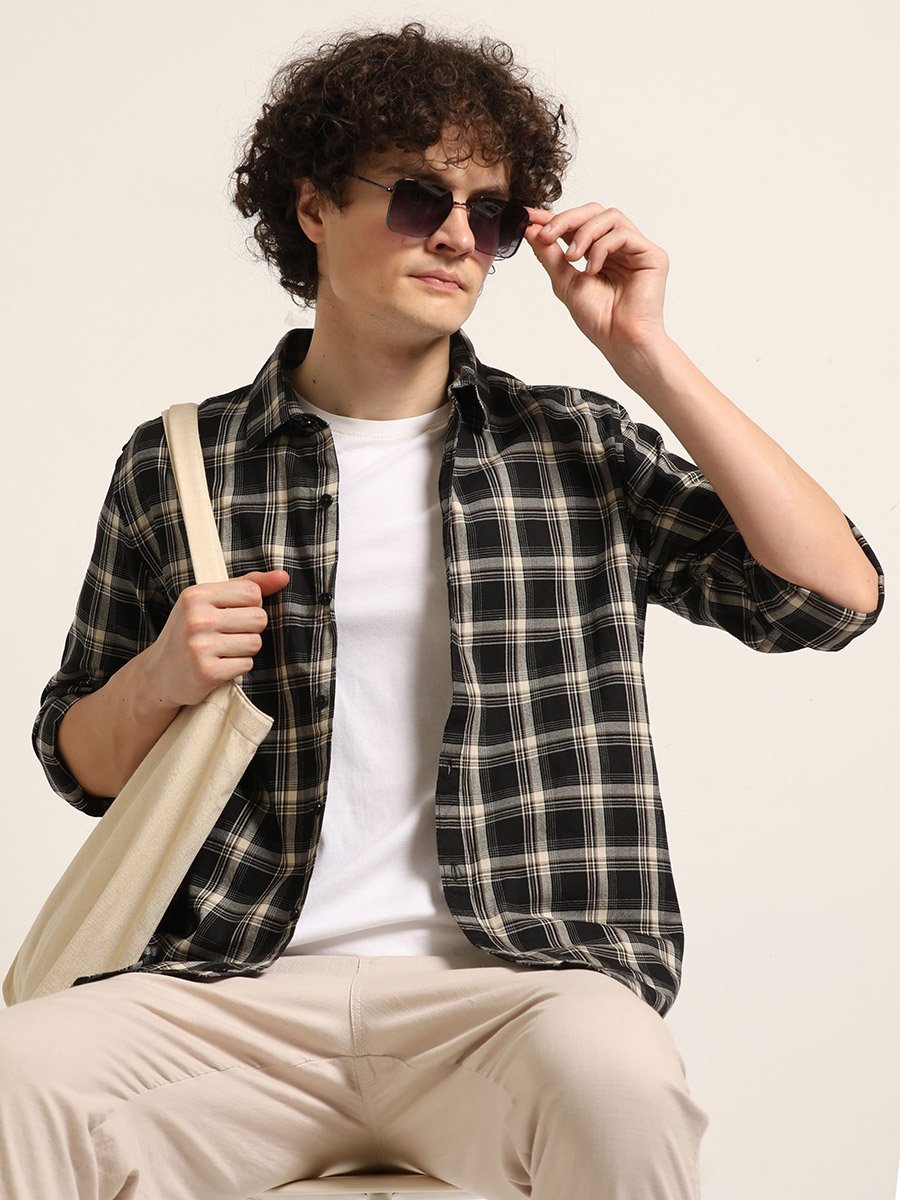 Men Black Checked Spread Collar Shirt