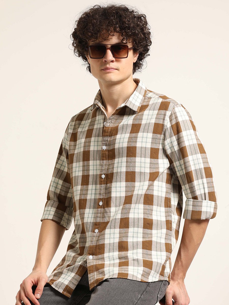 Men Brown Checked Spread Collar Shirt