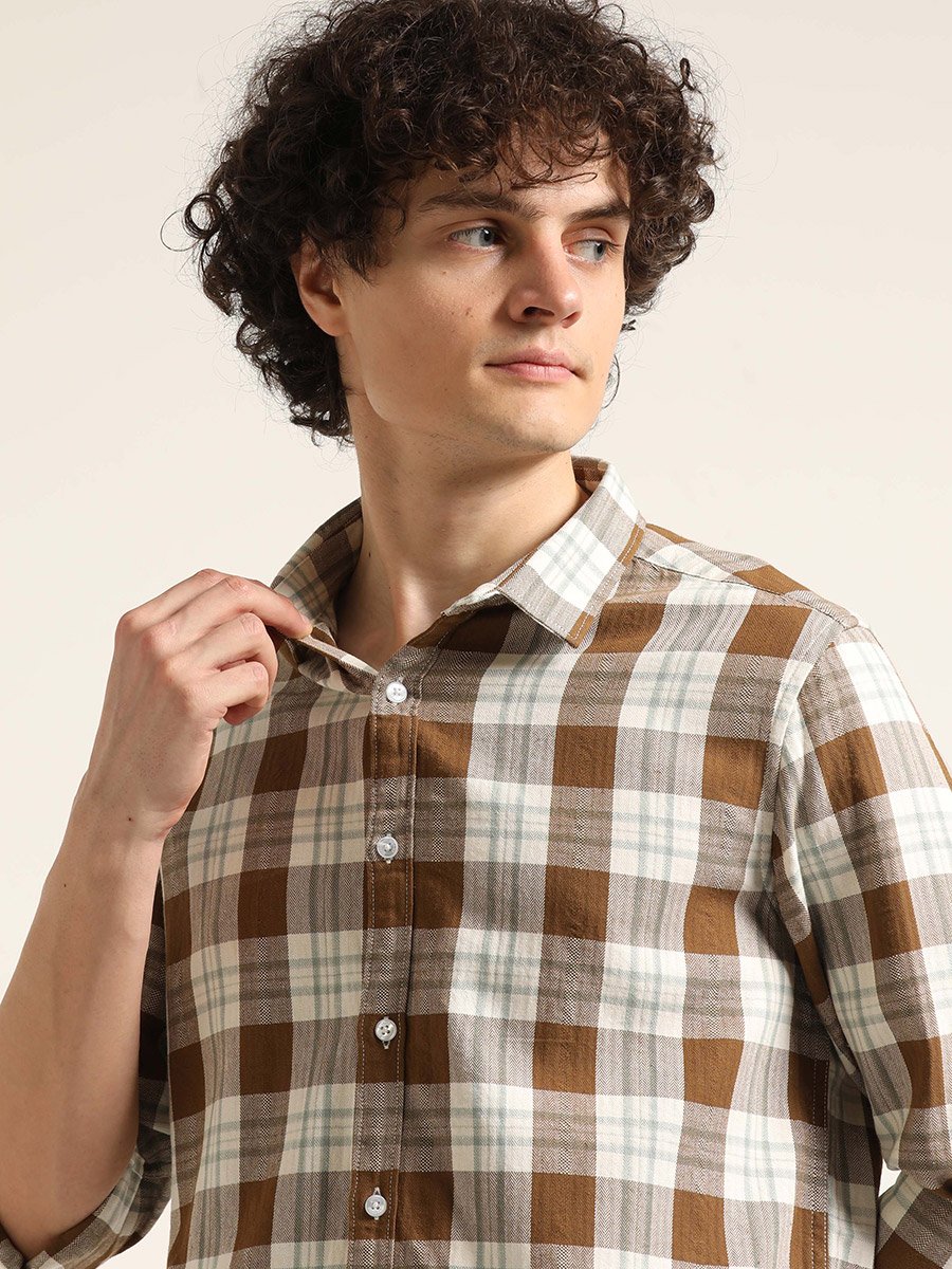 Men Brown Checked Spread Collar Shirt