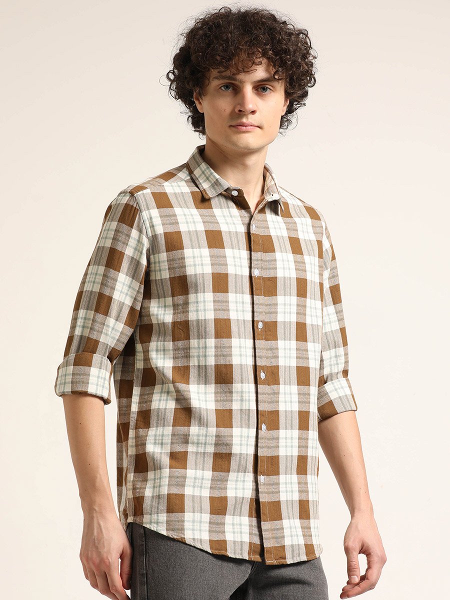 Men Brown Checked Spread Collar Shirt
