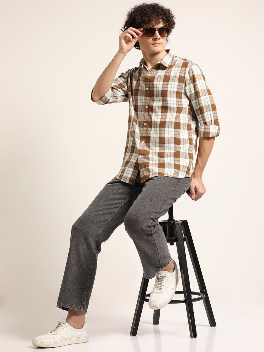 Men Brown Checked Spread Collar Shirt