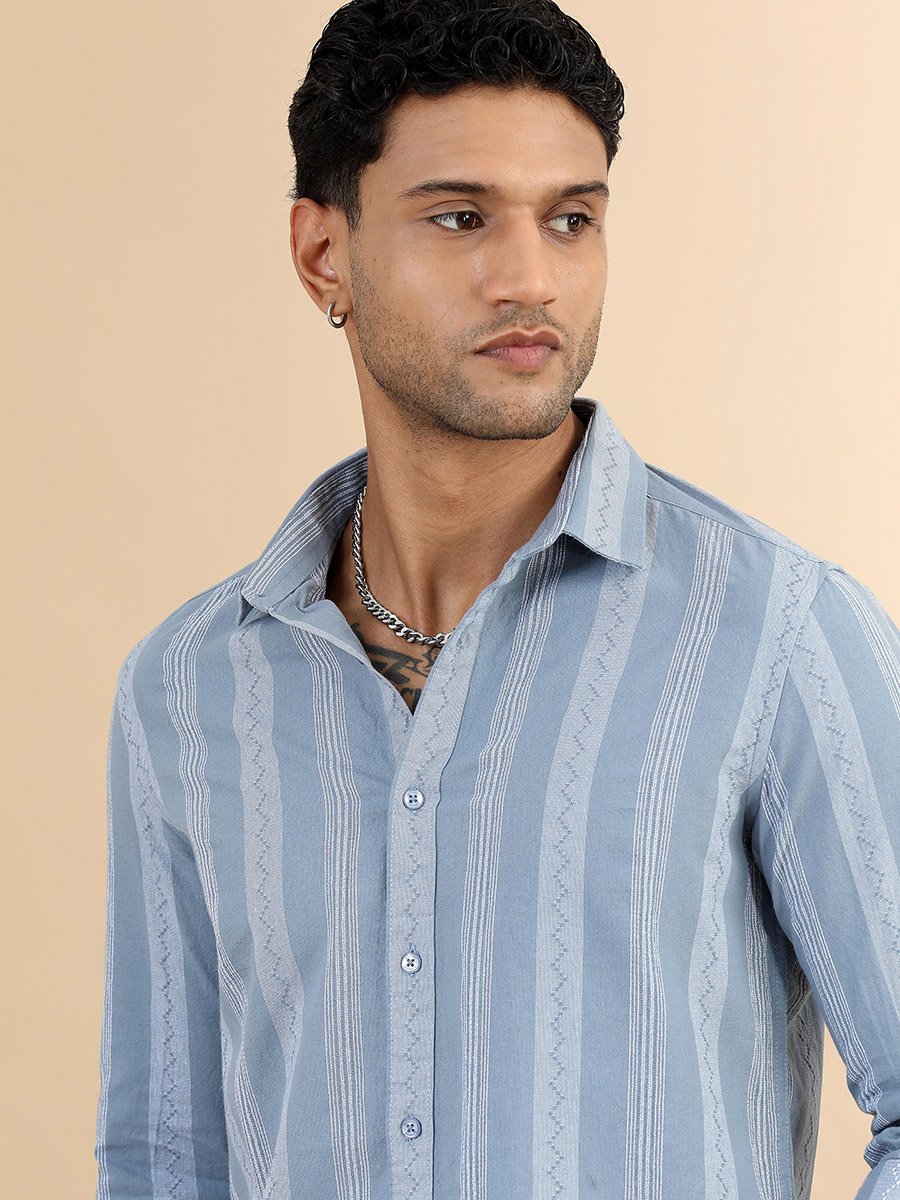 Men Blue Striped Spread Collar Shirt