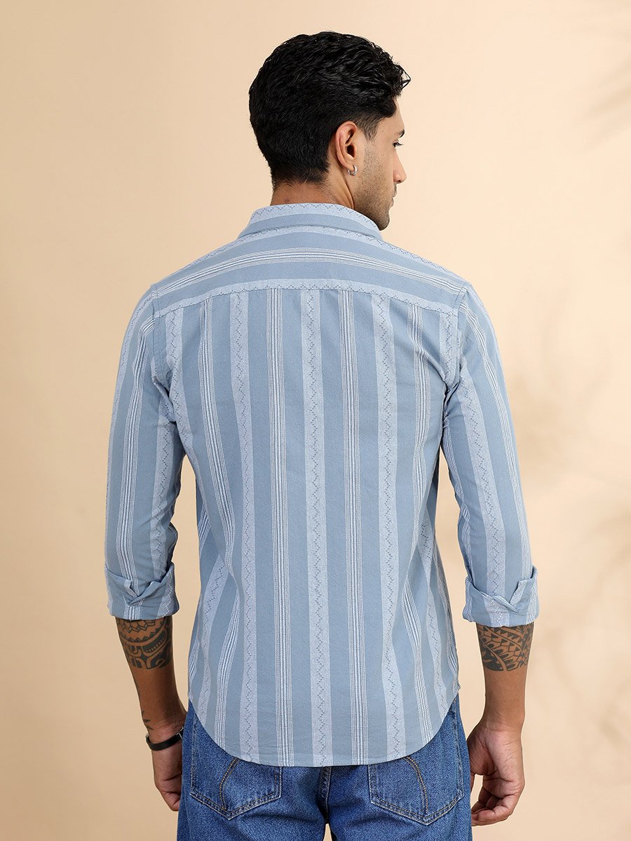 Men Blue Striped Spread Collar Shirt