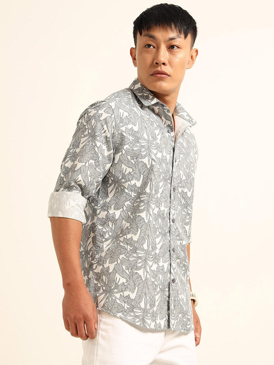 Men Grey All Over Print Spread Collar Shirt