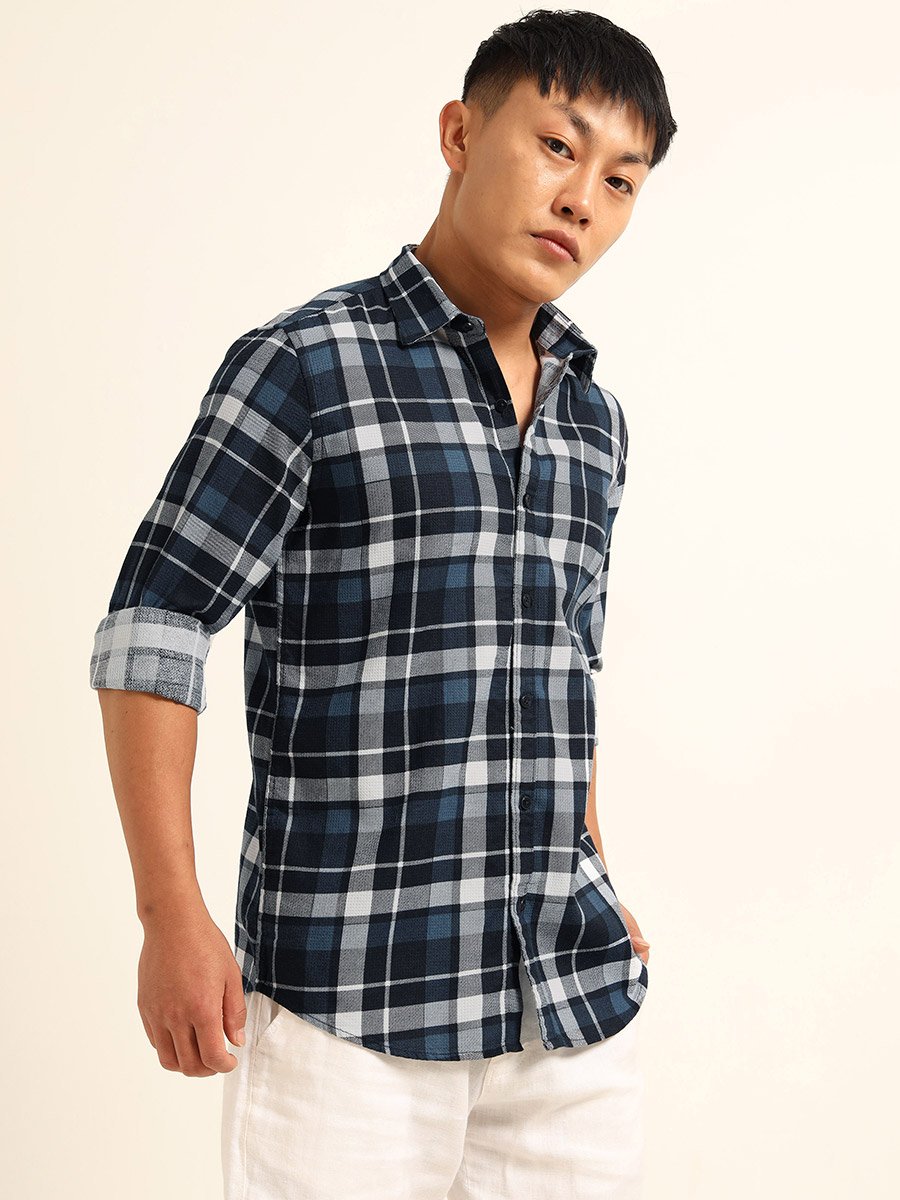 Men Navy Blue Checked Spread Collar Shirt