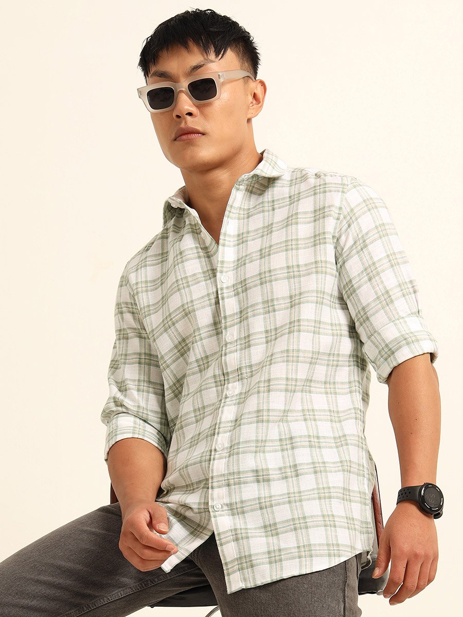 Men Green Checked Casual Shirt