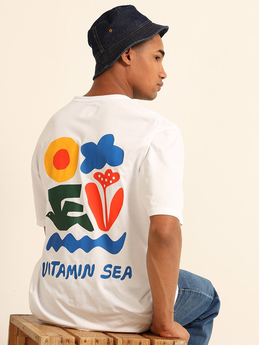 Men White Vitamin Sea Oversized T-Shirt
