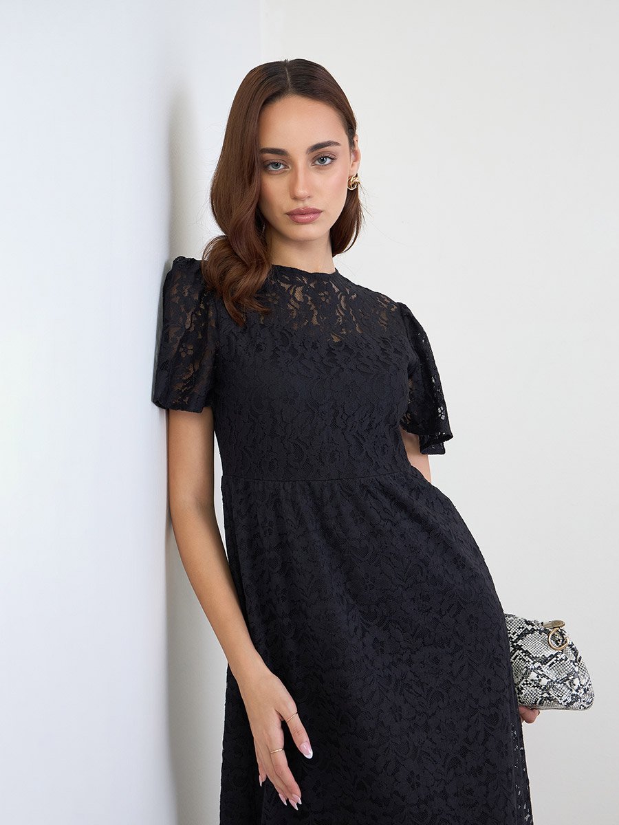 Women Black Scalloped Lace Midi Dress For Women at UAE | Styli
