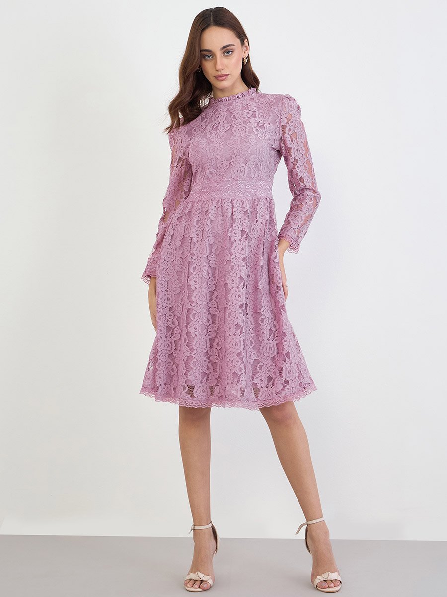 Pink Lace Insert A-Line Knee-Length Dress