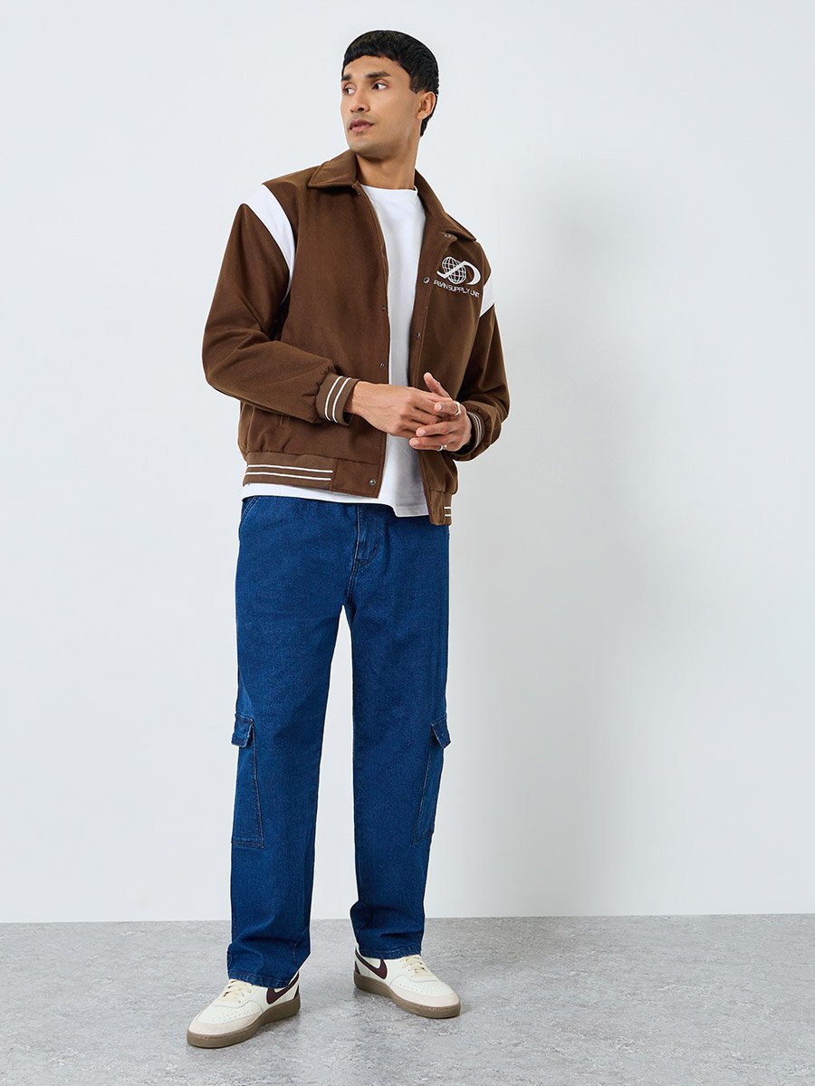 Men Relaxed Varsity Jacket with Graphic Patchwork