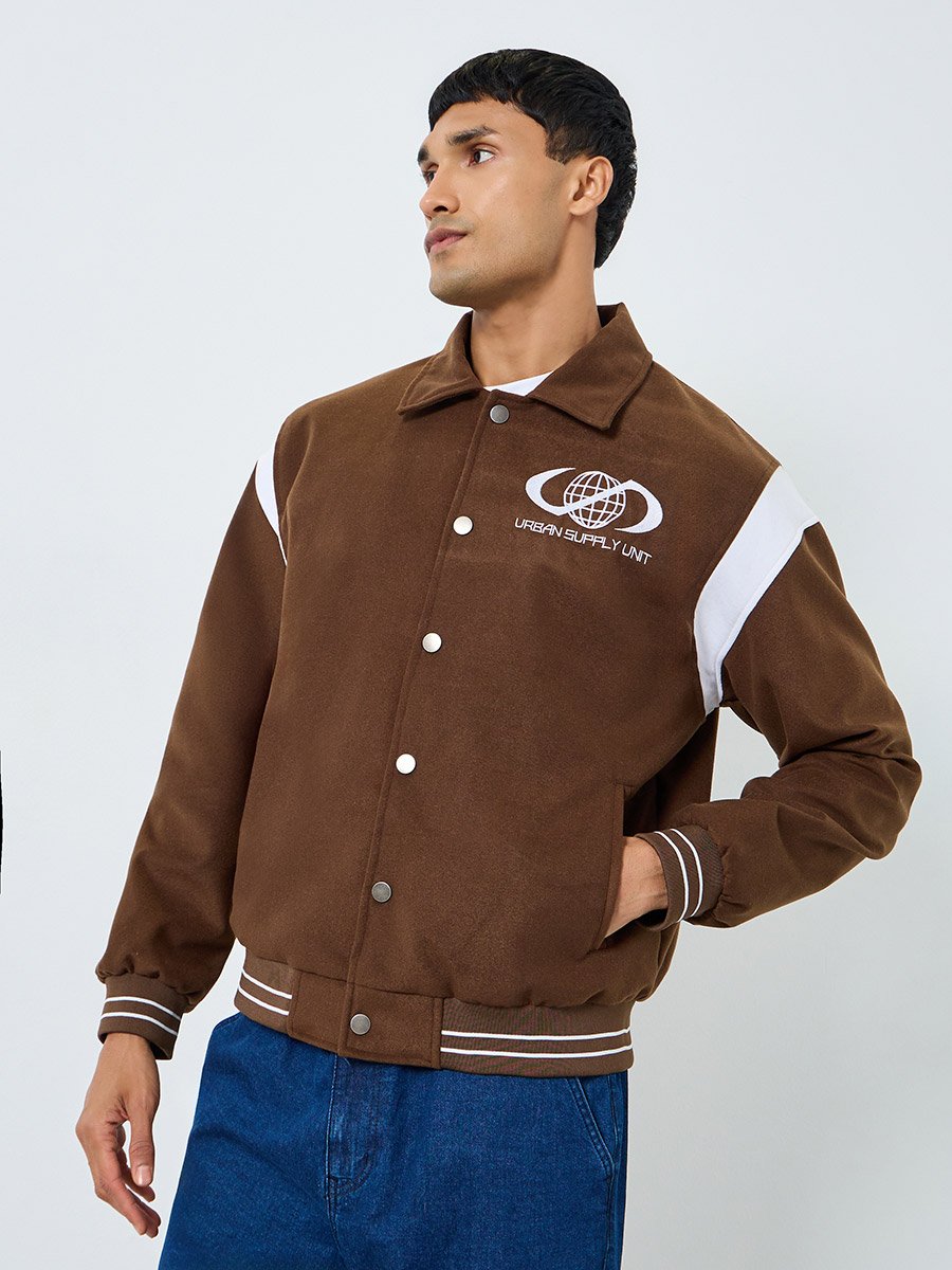 Men Relaxed Varsity Jacket with Graphic Patchwork