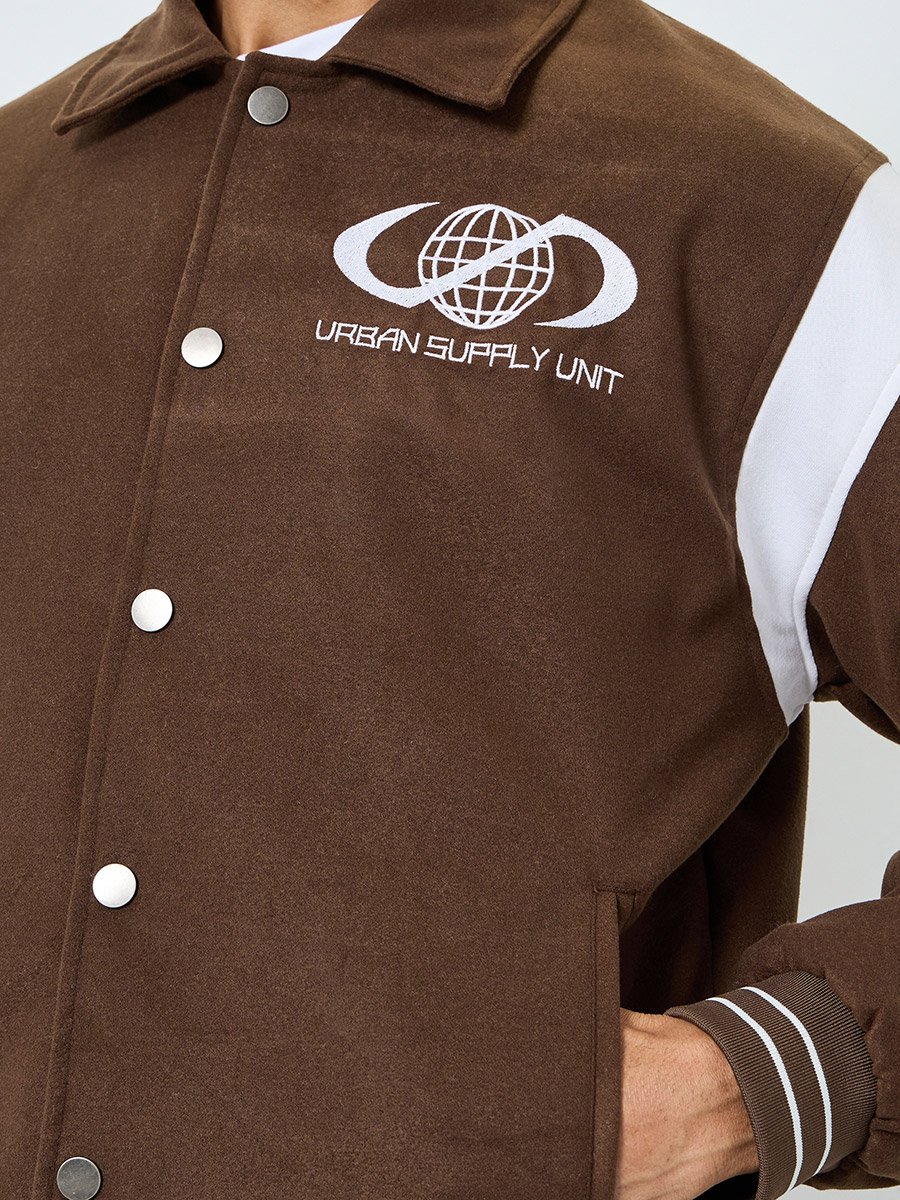 Men Relaxed Varsity Jacket with Graphic Patchwork