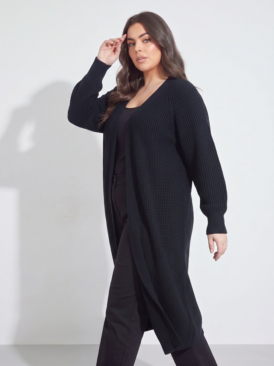 Plus Size Black Open Front Longlined Ribbed Knit Cardigan