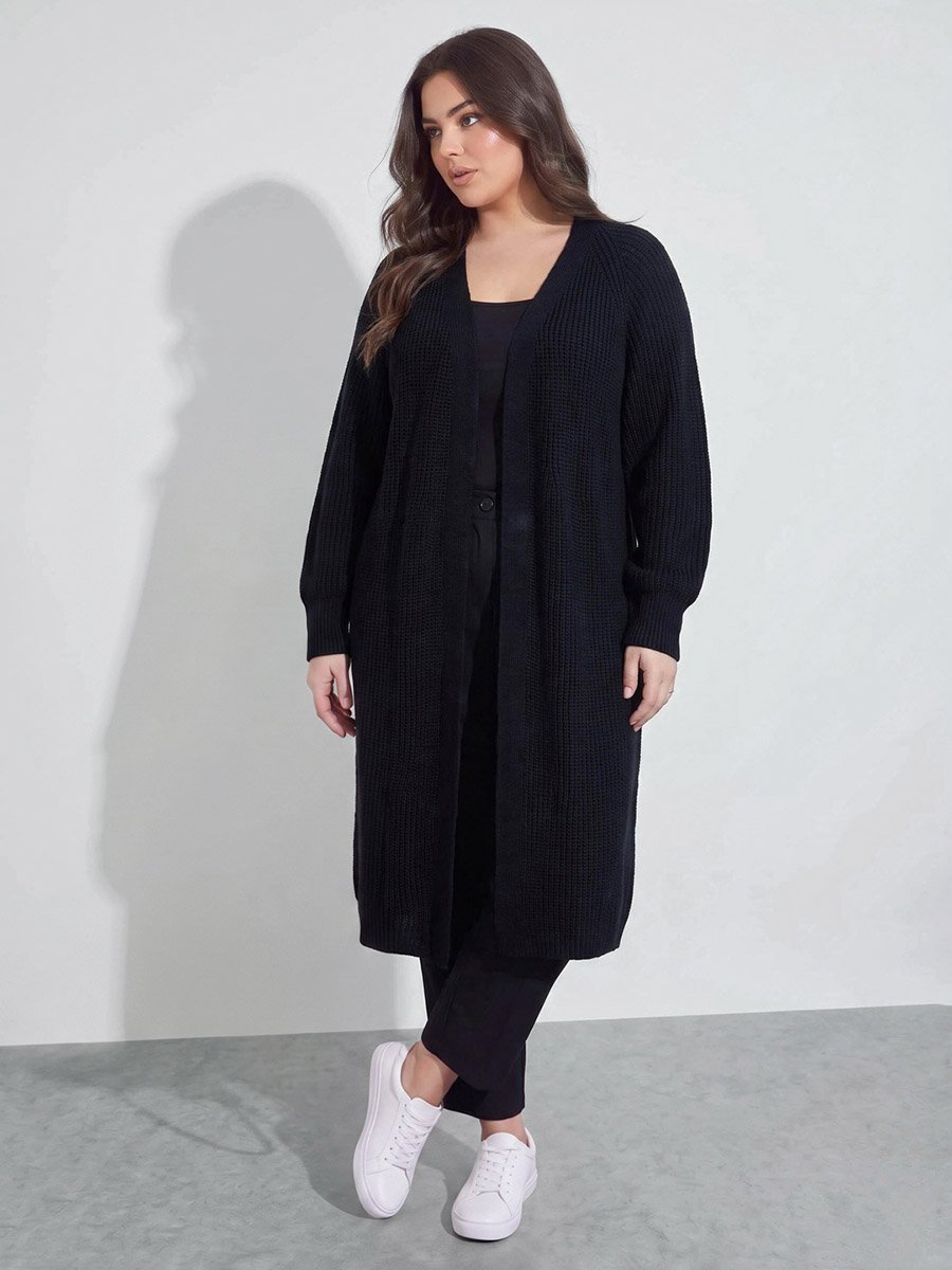 Plus Size Black Open Front Longlined Ribbed Knit Cardigan