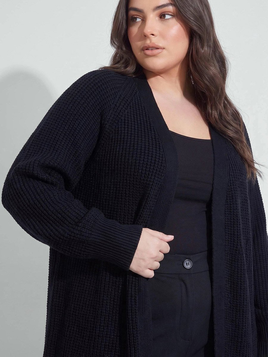 Plus Size Black Open Front Longlined Ribbed Knit Cardigan