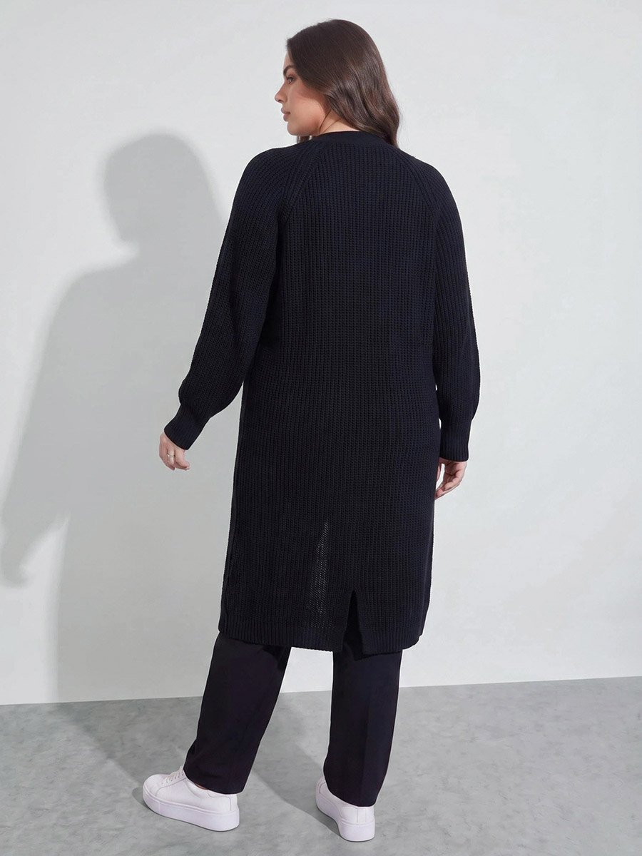 Plus Size Black Open Front Longlined Ribbed Knit Cardigan