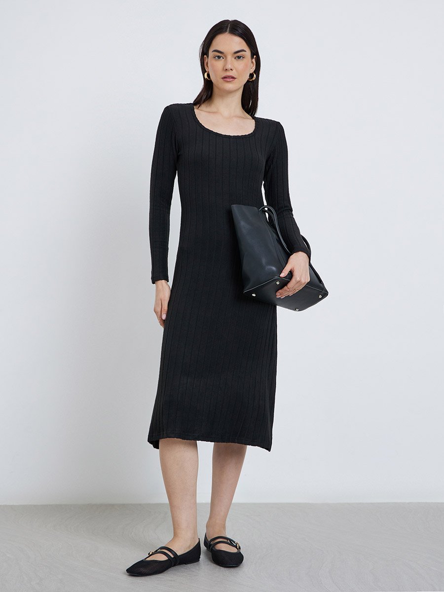 Women Black Ribbed Midi Dress