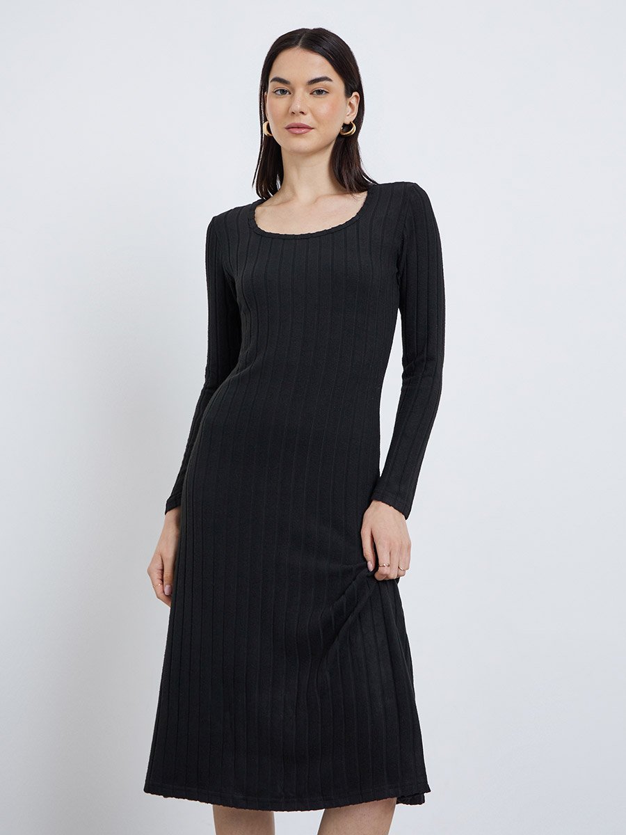 Women Black Ribbed Midi Dress