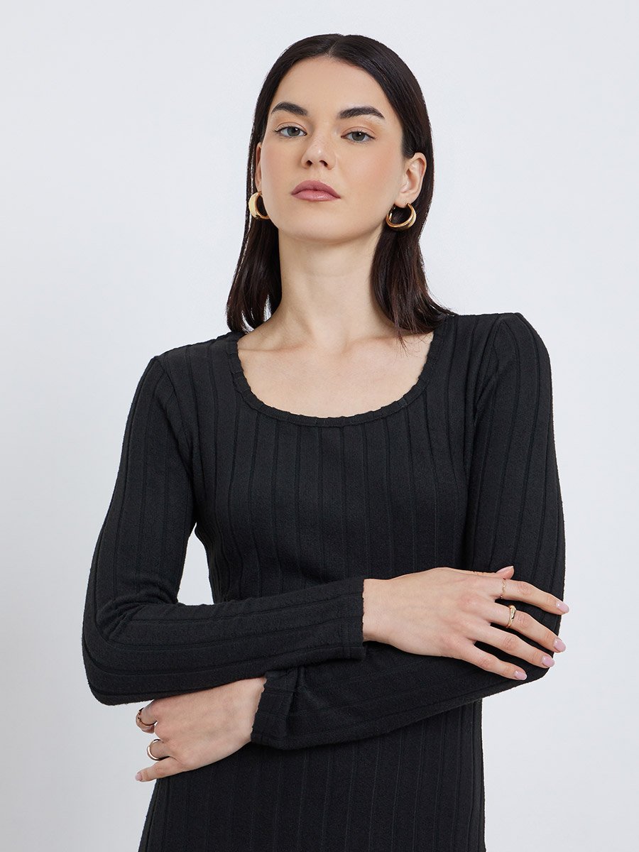 Women Black Ribbed Midi Dress