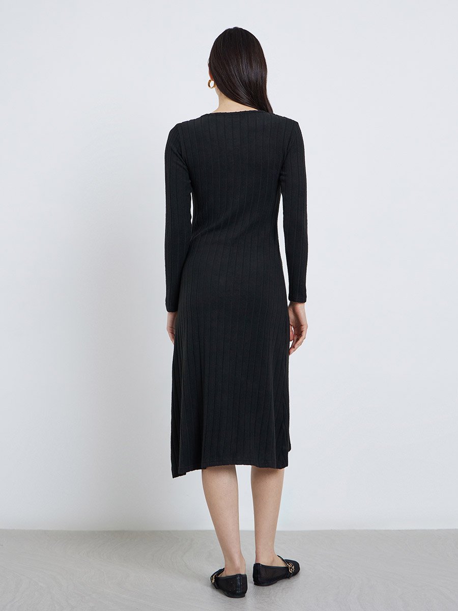 Women Black Ribbed Midi Dress