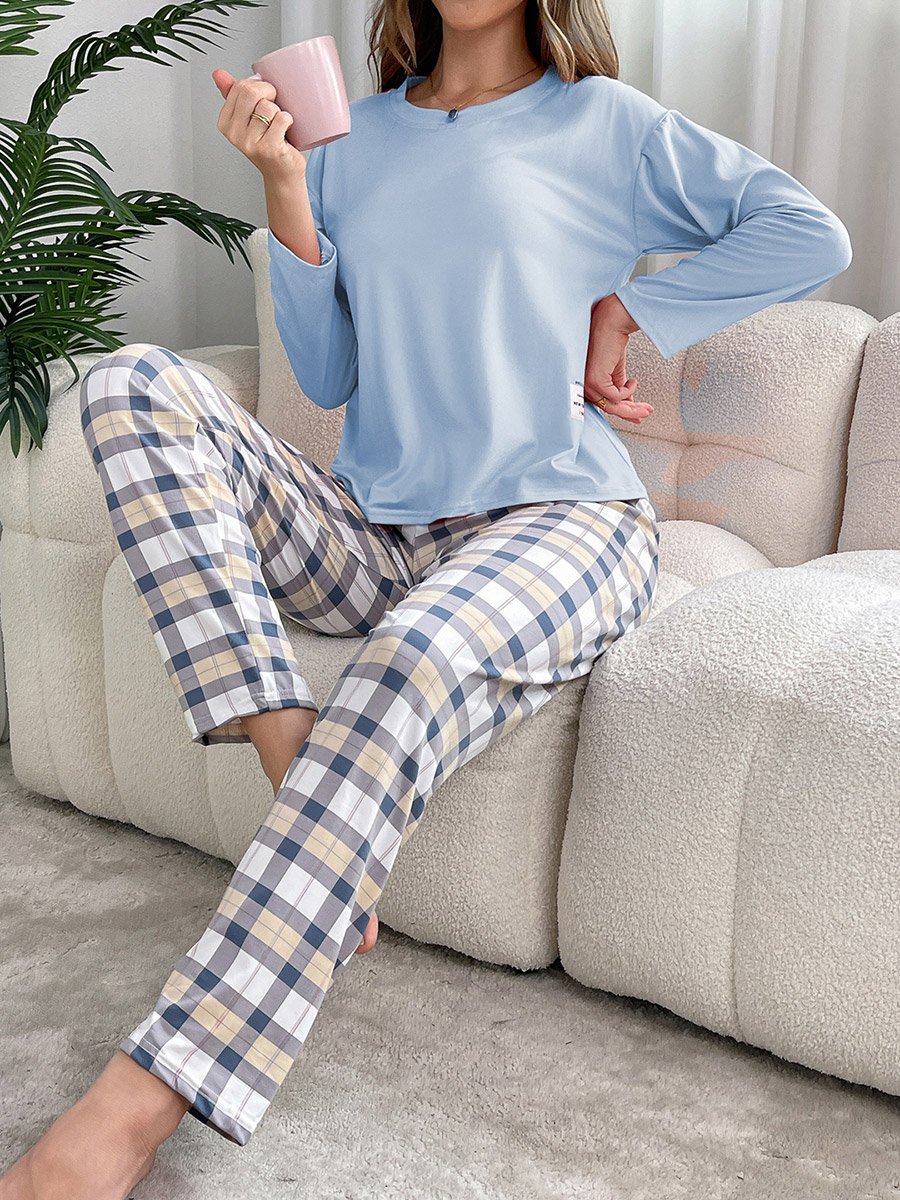 Blue Solid T-Shirt and Checked Pyjama Set